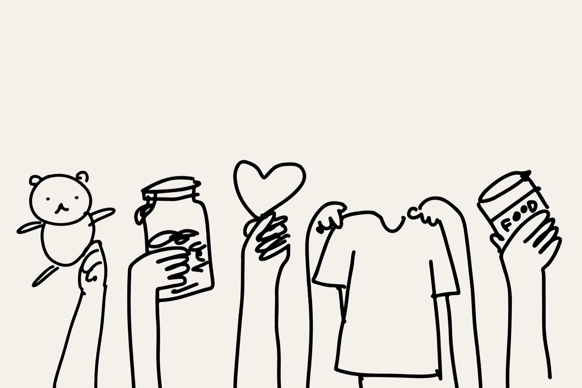 Line drawing of raised hands donating a teddy bear, a jar of coins, a heart, a shirt and a can of food.